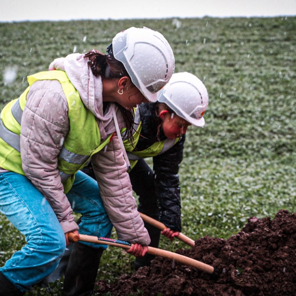 leerlingen planten een boom voor plukbos